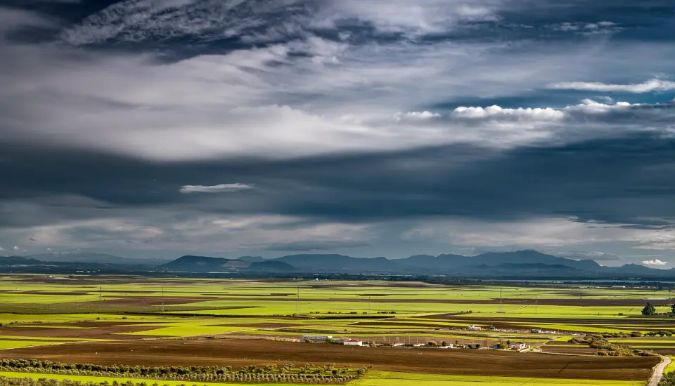 Paisaje de la Vega (Carmona) 1 Paisaje rural con campos y cielo nublado.