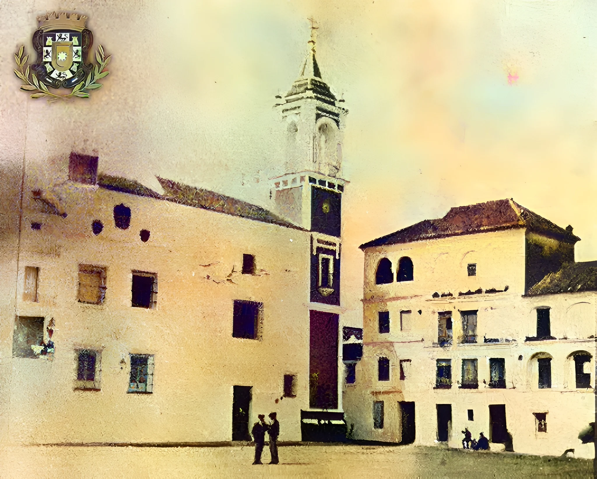 p antigua carcel de carmona a color Edificio antiguo con torre y escudo heráldico