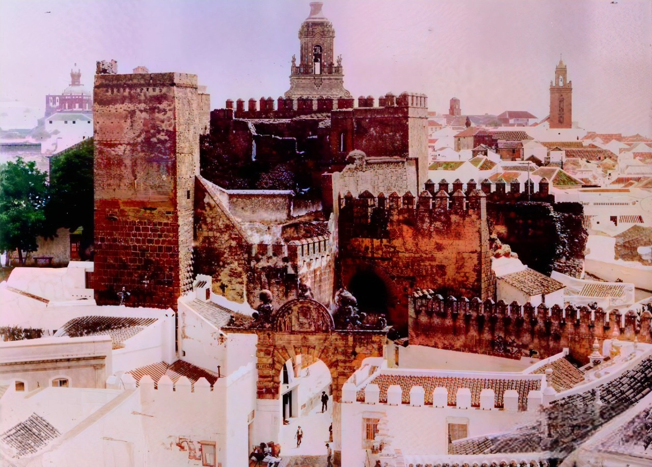 puerta de sevilla con casas adosadas y arco de felipe II Vista panorámica de murallas históricas en ciudad antigua.
