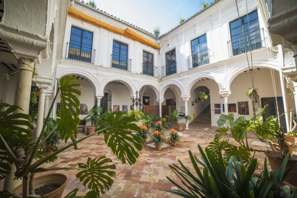 Patio andaluz con plantas y arcos elegantes.